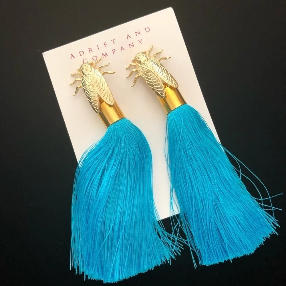 New Cicada‎ Turquoise Silk Tassel Earrings Insect